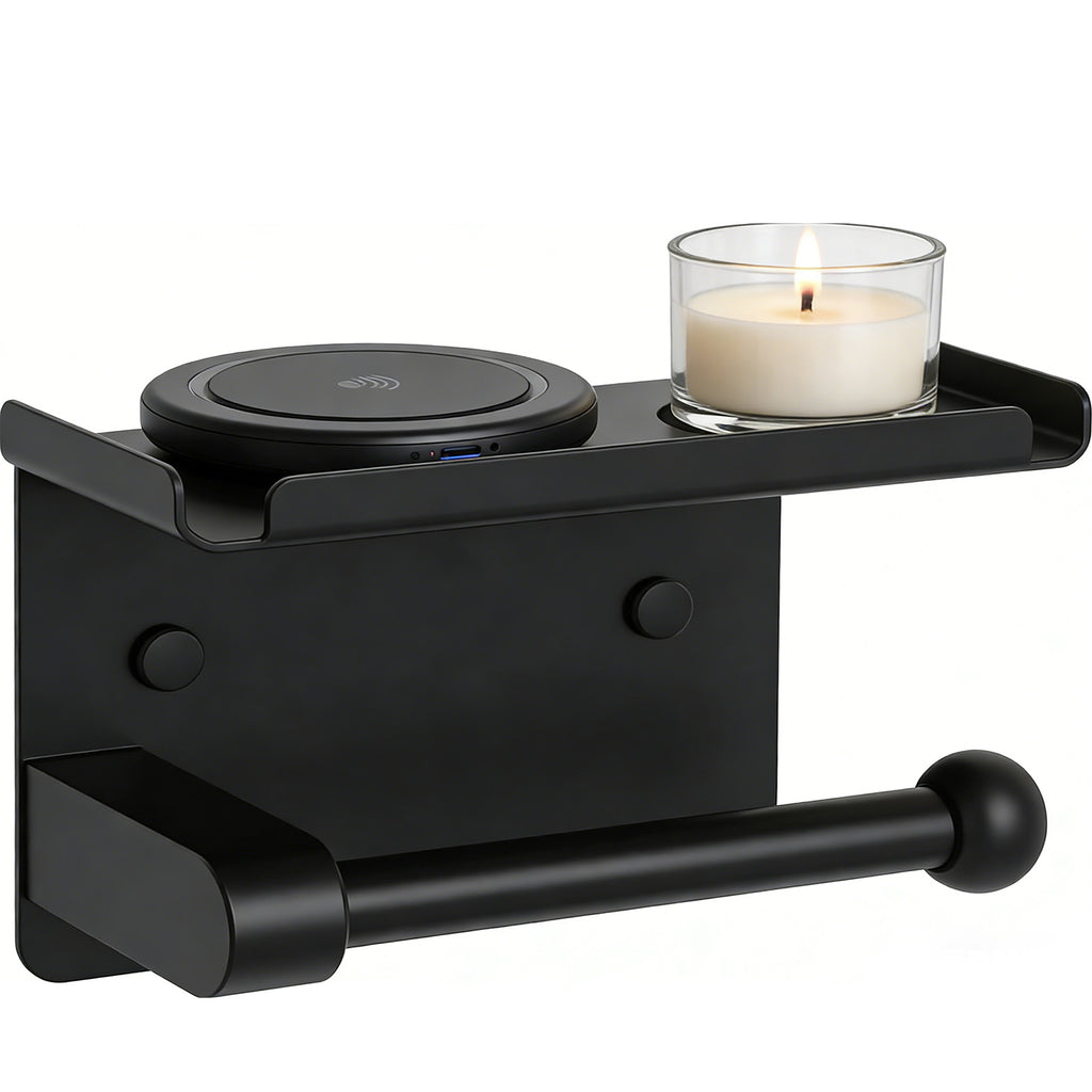 CuddleTidy Matte Black Toilet Paper Holder with Shelf